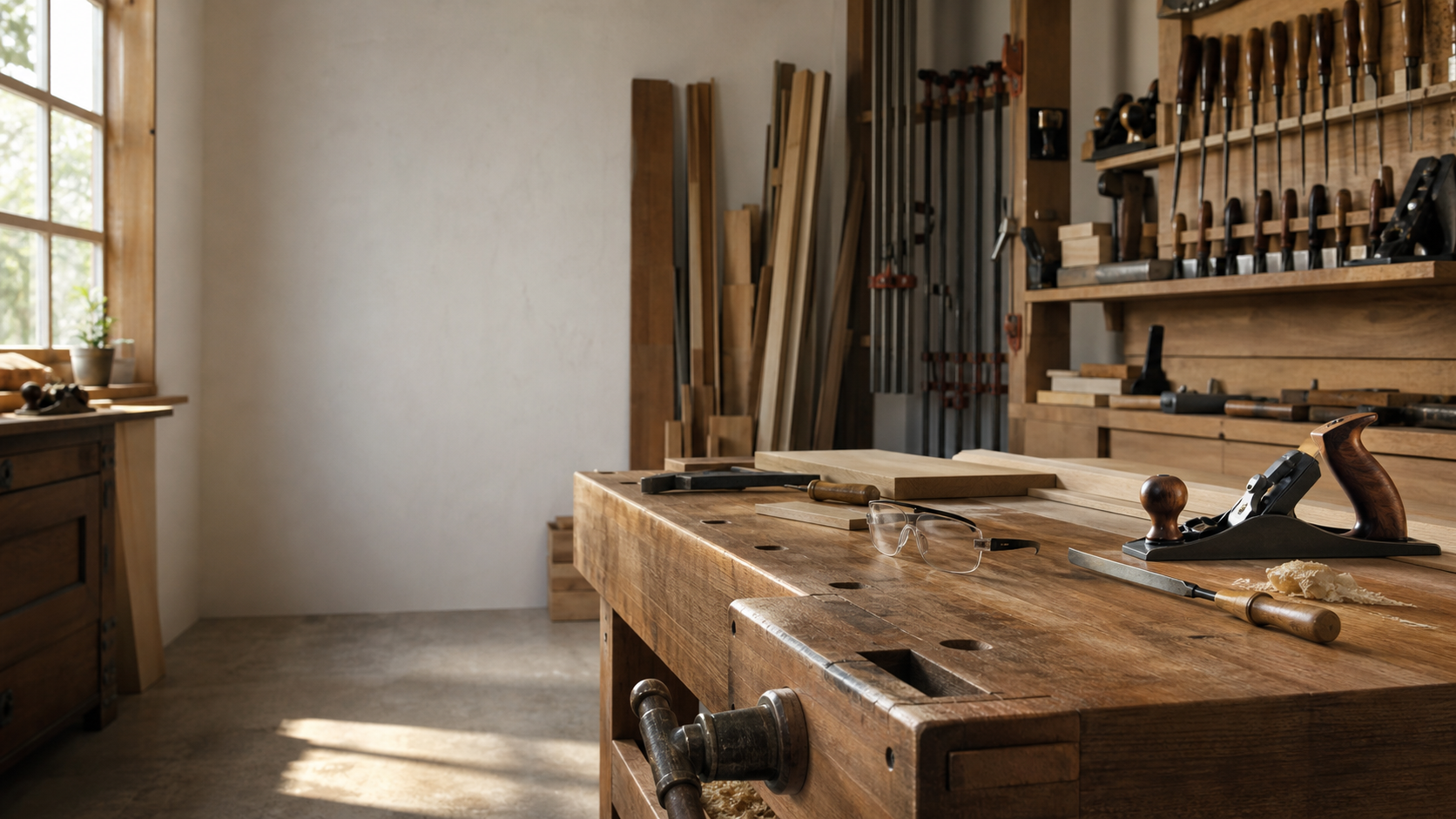 A clean woodworking workshop with a bench, chisels, clamps, and lesson-ready tools.